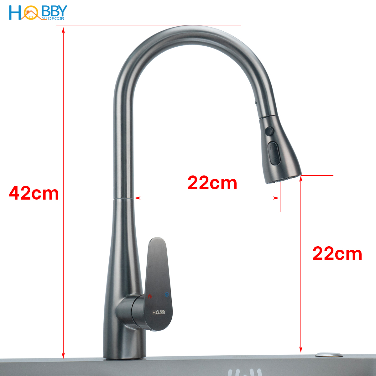 Vòi rửa chén nóng lạnh dây rút 3 chế độ Hobby home decor VDR7 Inox 304 sơn xám