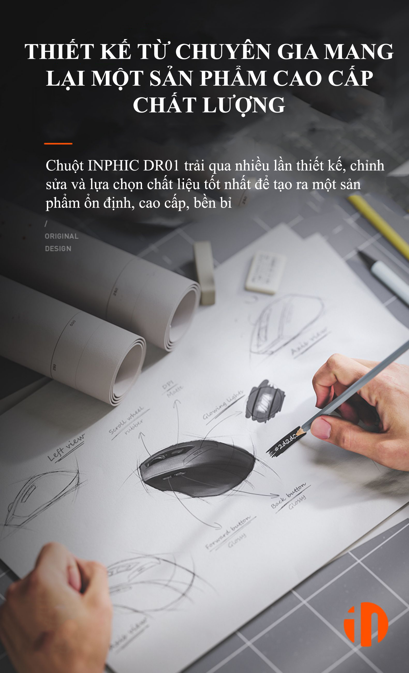 Chuột không dây INPHIC DR01 sử dụng pin sạc thiết kế hiện đại với độ DPI lên đến 1600 có đèn led báo hiệu dung lượng pin - Hàng Chính Hãng