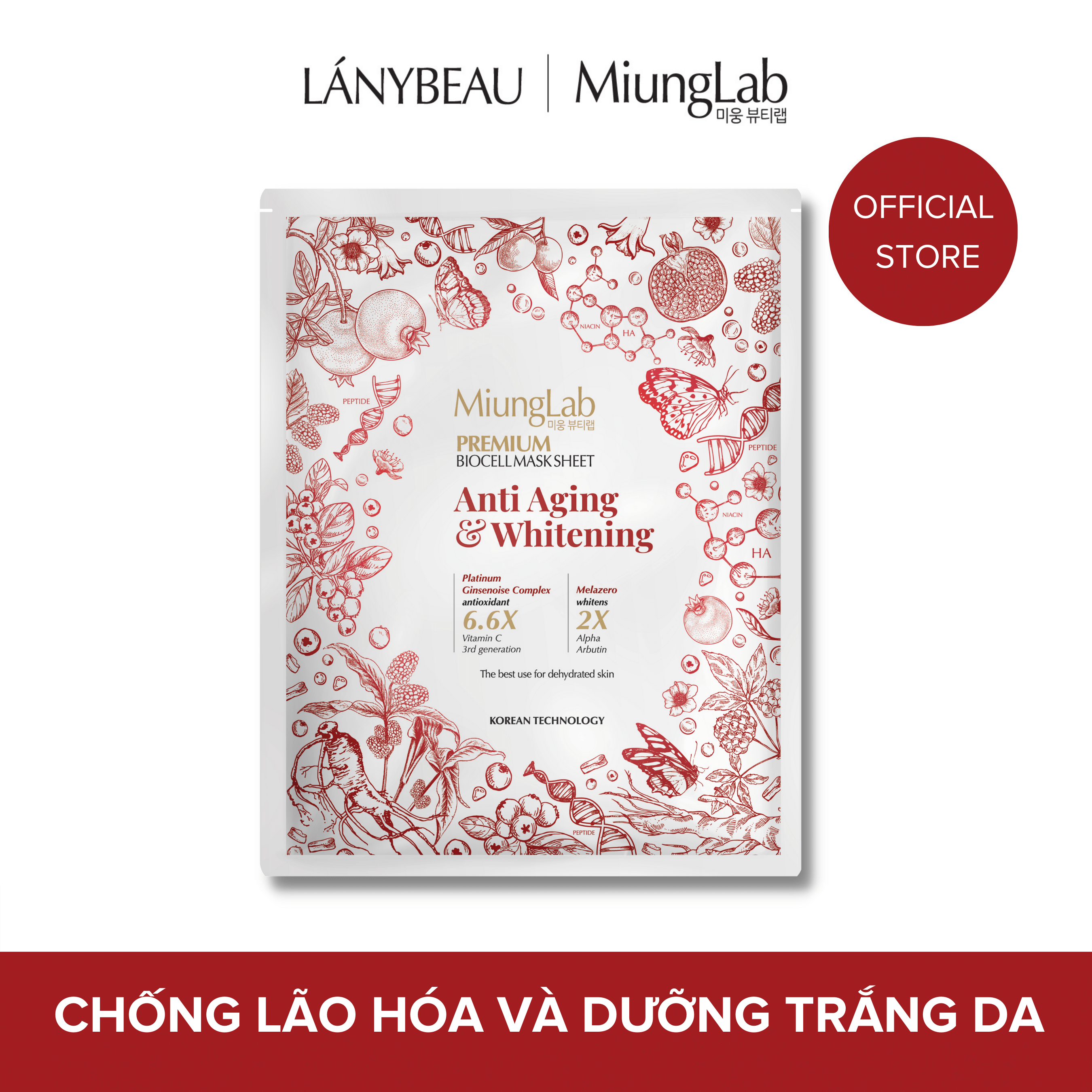 Combo 4 Mặt nạ chống lão hóa, dưỡng trắng da MiungLab Premium Anti-Aging and Whitening Biocell Mask Sheet 4x25g