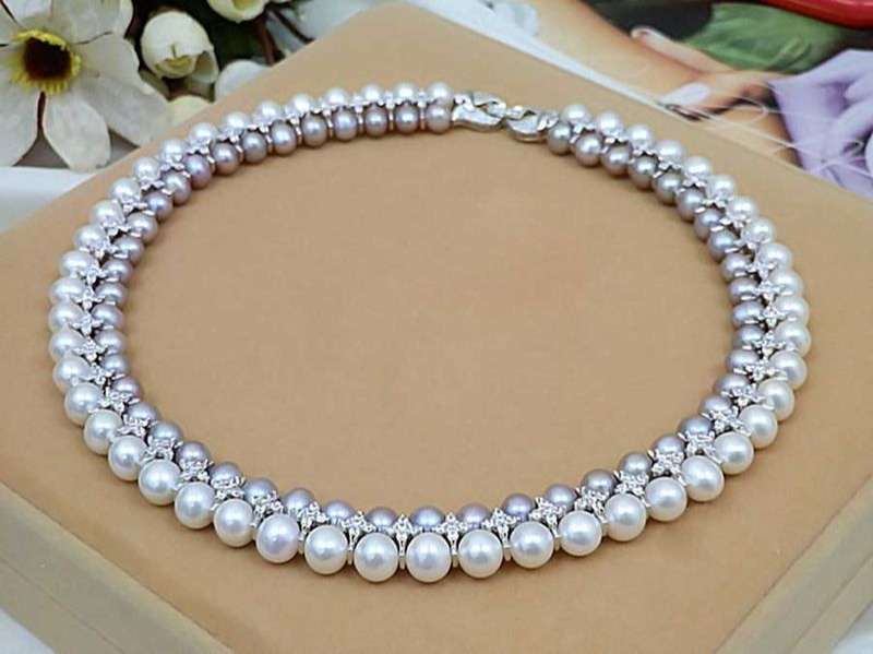 Vòng cổ Ngọc trai Thiên nhiên Cao cấp - Hạt tròn Mix Bạc nạm Zircon - Trang Sức Cô Tấm - CARA PEARL (6-9ly) - CTJ4209