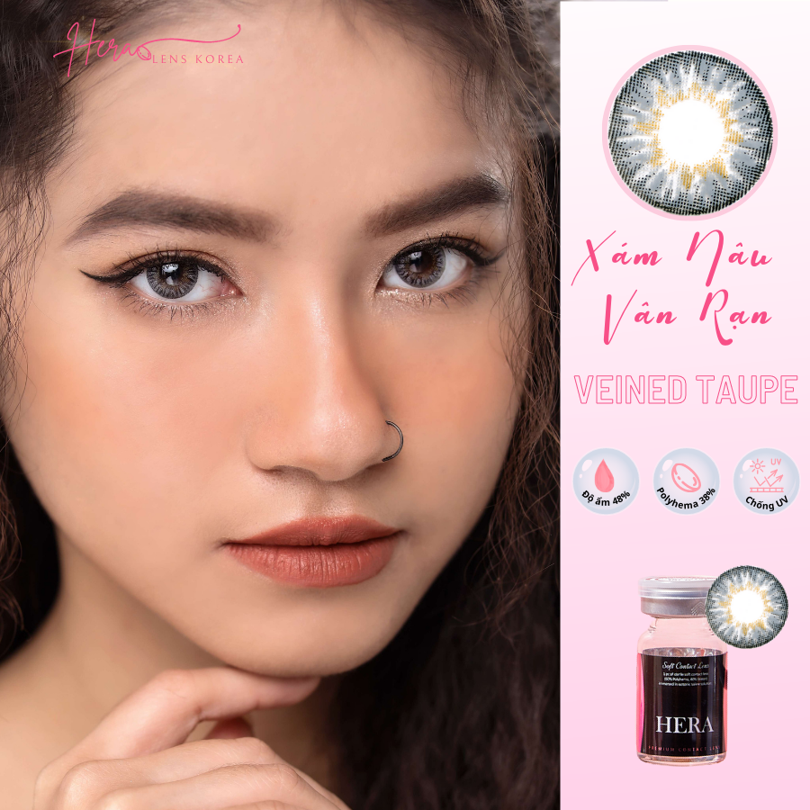 Kính Áp Tròng Hera Xám Nâu Vân Rạn Không Độ VEINED TAUPE Nhập Khẩu Hàn Quốc Lens Không Cận 6 Tháng