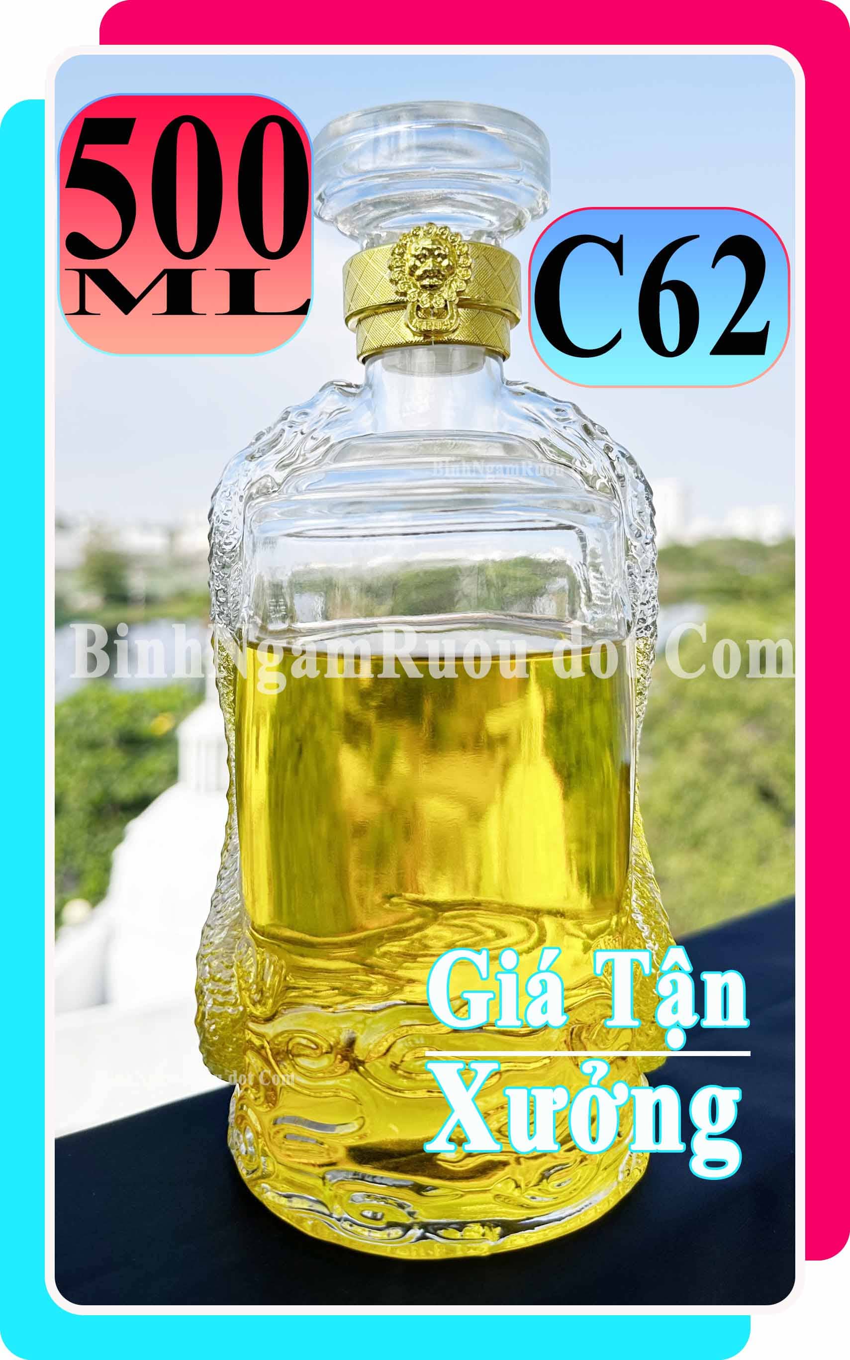 C62 Chai Đựng Rượu Thủy Tinh Rồng Nổi Hai Bên Sang Trọng - Cao Cấp 500ml - Đẹp Cao Cấp - Nắp Kín Thủy Tinh Trong - Tặng Biếu Sang Trọng