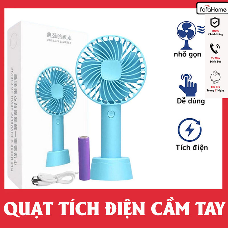 Quạt Cầm Tay Mini Tích Điện Có Đế Để Bàn 3 Tốc Độ Gió Siêu Mát Quạt Tặng Pin Và Dây Sạc - Giao Màu Ngẫu Nhiên Hàng Nhập Khẩu
