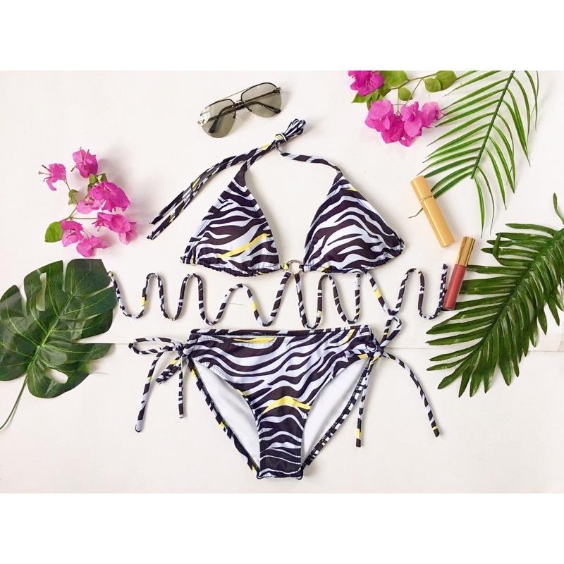 Bikini, đi biển set 3 ngựa vằn kèm áo choàng dài cao cấp