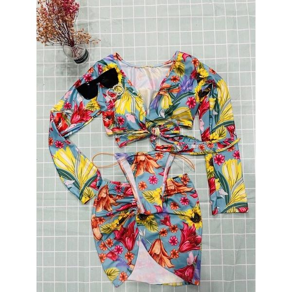 Set bikini 1 áo+ 1 quần lọt khe +1 váy rút hoa đậm