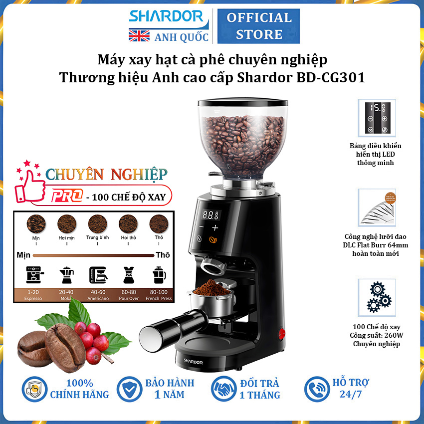 Máy xay cà phê chuyên nghiệp thương hiệu cao cấp Shardor BD-CG301 - Công suất 260W - Hàng nhập khẩu (BH 1 NĂM)