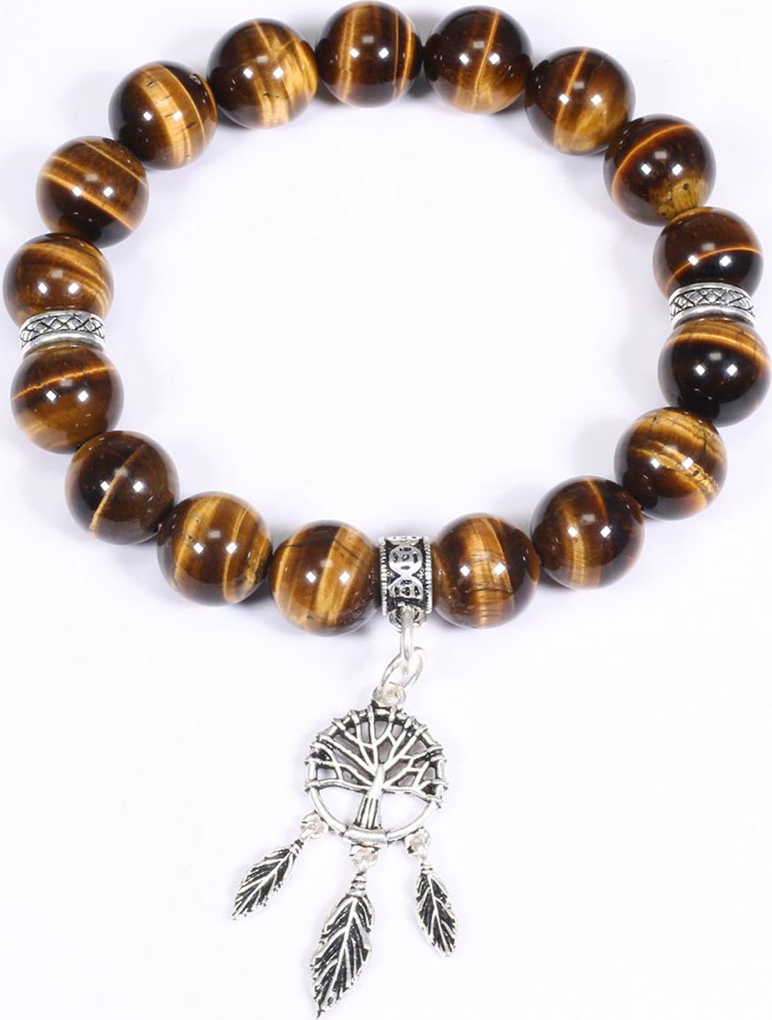 Vòng tay đá thạch anh mắt hổ vàng nâu mix charm dream catcher bạc hạt đá 10mm mệnh thổ, kim - Ngọc Quý Gemstones