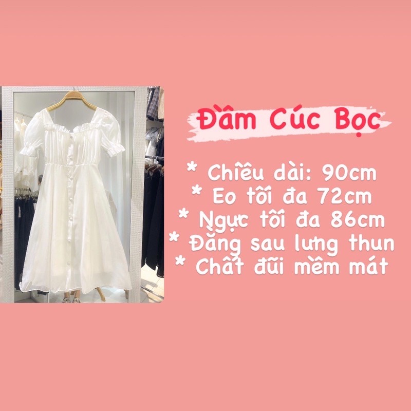 Đầm trắng bèo ngực phối cúc bọc tiểu thư