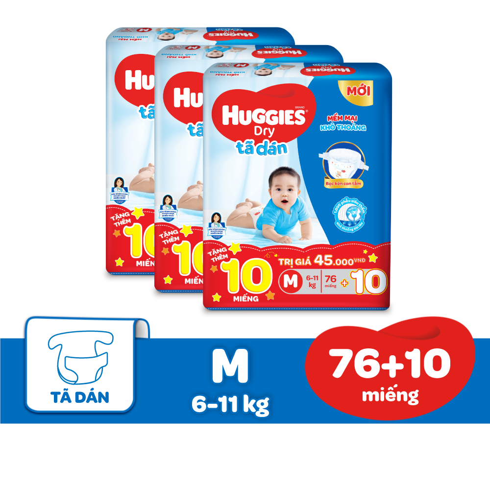 Combo 3 Gói Tã Dán Huggies Dry Gói Cực Đại M76 (76 Miếng) + Tặng 10 miếng