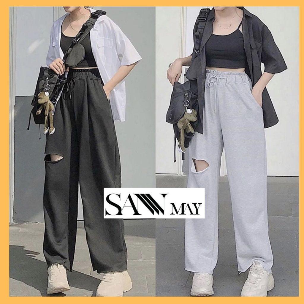 Quần Baggy Unisex, Chất liệu nỉ Ống Rộng Rách Gối, Cạp Cao Thun Dài SANMAY-QD001