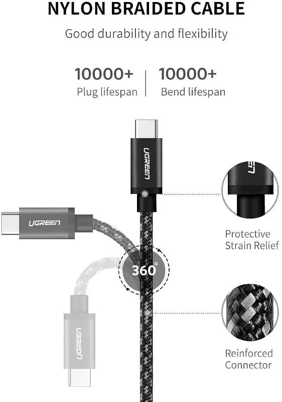 Ugreen UG50449US161TK 2m màu đen dây bên vải cotton mạ nickel cáp USB 2 đầu Type C - HÀNG CHÍNH HÃNG