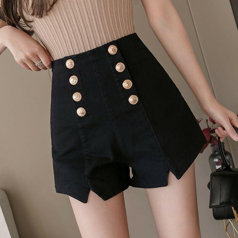 [L2M] Quần short nữ lưng cao tôn dáng PHỐI 8 NÚT xẻ đùi chất kaki co giãn thoáng mát - Đen