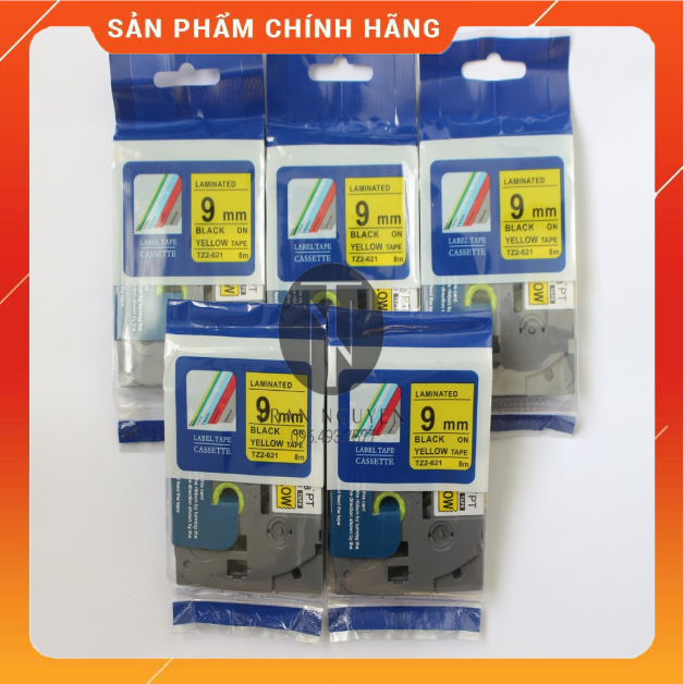 [Combo 5 hộp] Nhãn In đa lớp Tz2-621 - Đen nền vàng 9mm x 8m - Hàng nhập khẩu