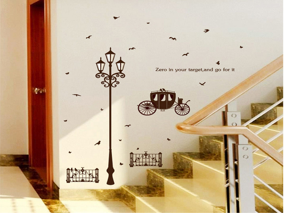 Decal dán tường cột đèn và xe kéo đen