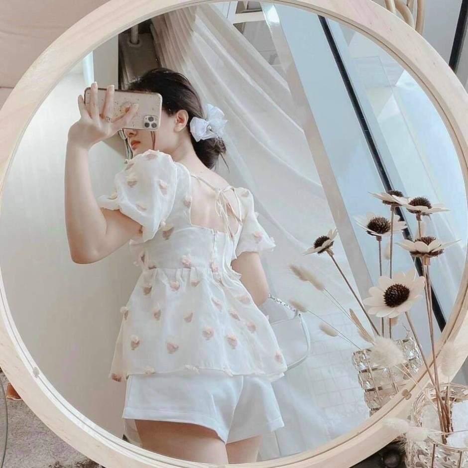TSL-Set bộ đùi đồ nữ áo phối họa tiết cổ vuông tay phồng kèm chân váy