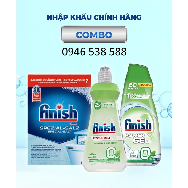 Combo Nước rửa bát Finish 1.5L + muối finish 1.5kg + Nước làm bóng alio 1 lít dùng cho máy rửa bát