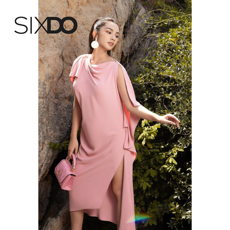 Đầm lụa hồng midi xẻ tà SIXDO