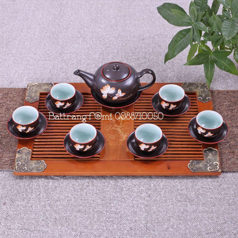 BỘ ẤM CHÉN TỬ SA KHẮC HOA ĐÀO/HOA SEN
