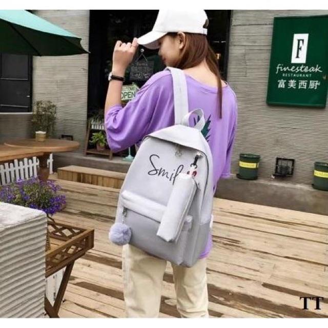 Balo thời trang, balo đi học, đựng laptop Balo Set 4 Món Smile balo nữ vải