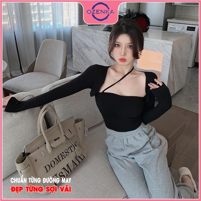 Áo khoác croptop sát nách tay dài áo 2 dây OZENKA chất thun gân 100% cotton đen trắng free size dưới 50 kg