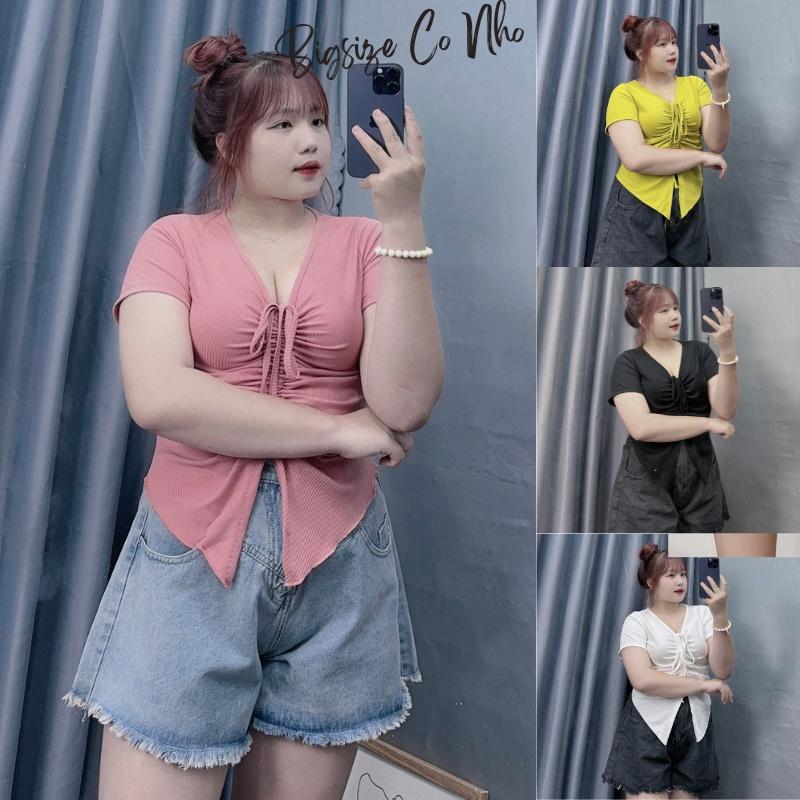 Áo thun croptop bigsize nữ tà nhọn cổ rút dây ở giữa tôn vòng một, Áo phông phom rộng chất gân tăm BIGSIZE CÔ NHỎ - G42