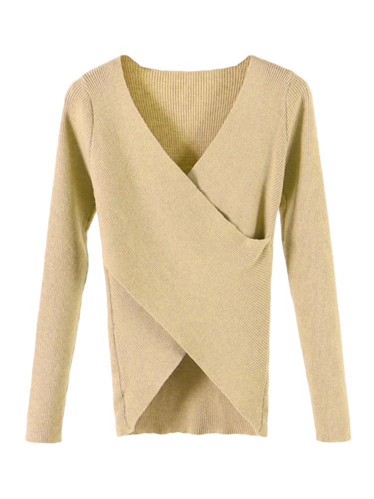 Women Knitted Sweater Solid V-neck Long Sleeves Autumn Winter Cross Knitting Basic Tunic Tops Blouse
