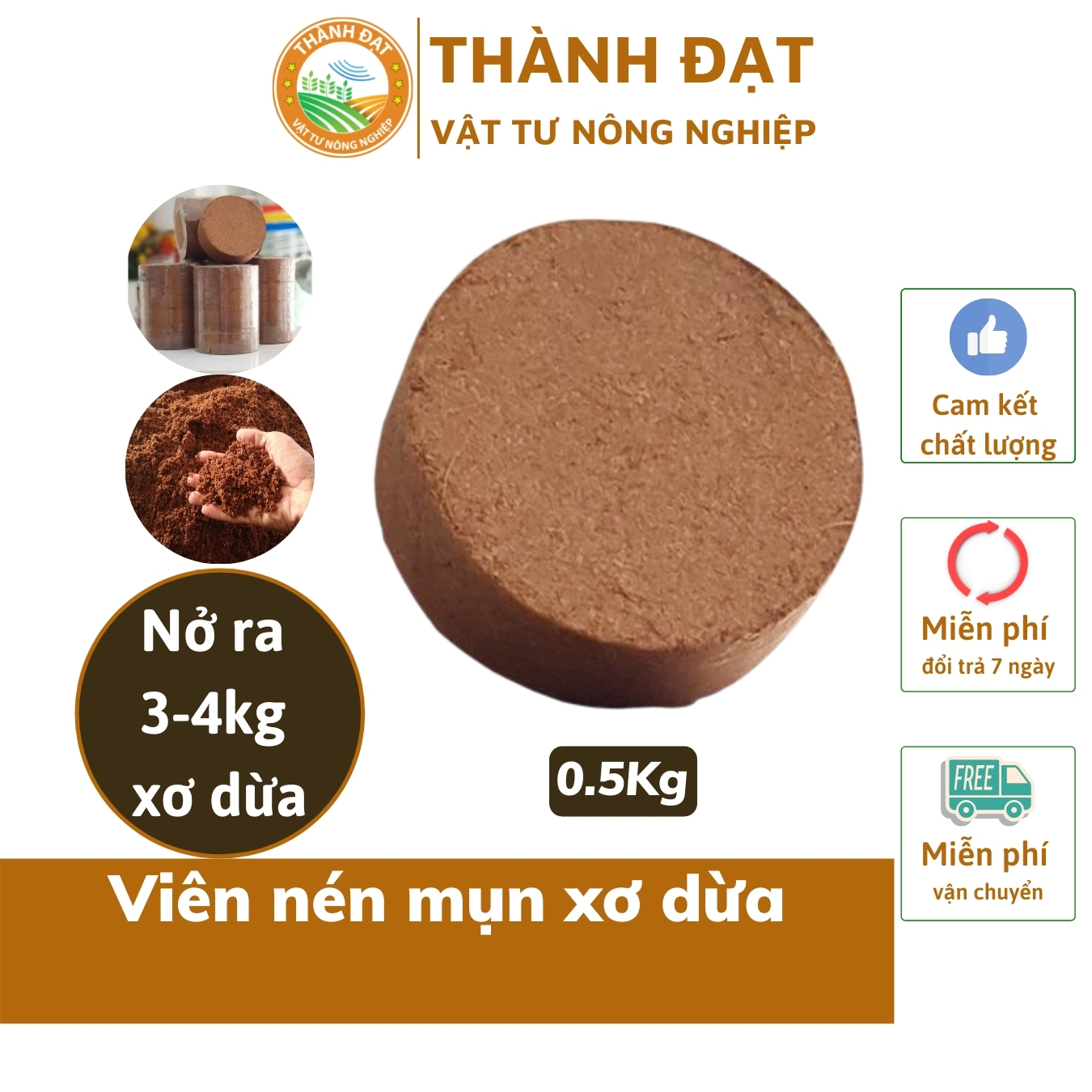 Viên nén mụn xơ dừa bánh lớn, đất sơ dừa nén 0.5Kg viên dùng trồng rau, trộn đất trồng cây