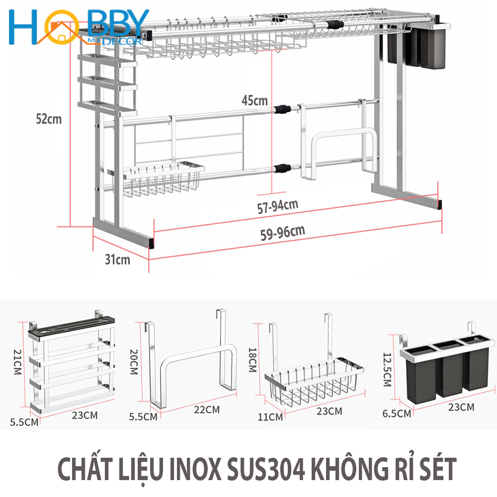 Kệ chén đa năng Inox 304 HOBBY KC6N cao cấp - 6 ngăn - co dãn được - phù hợp bồn chậu rửa bát 1 và 2 ngăn