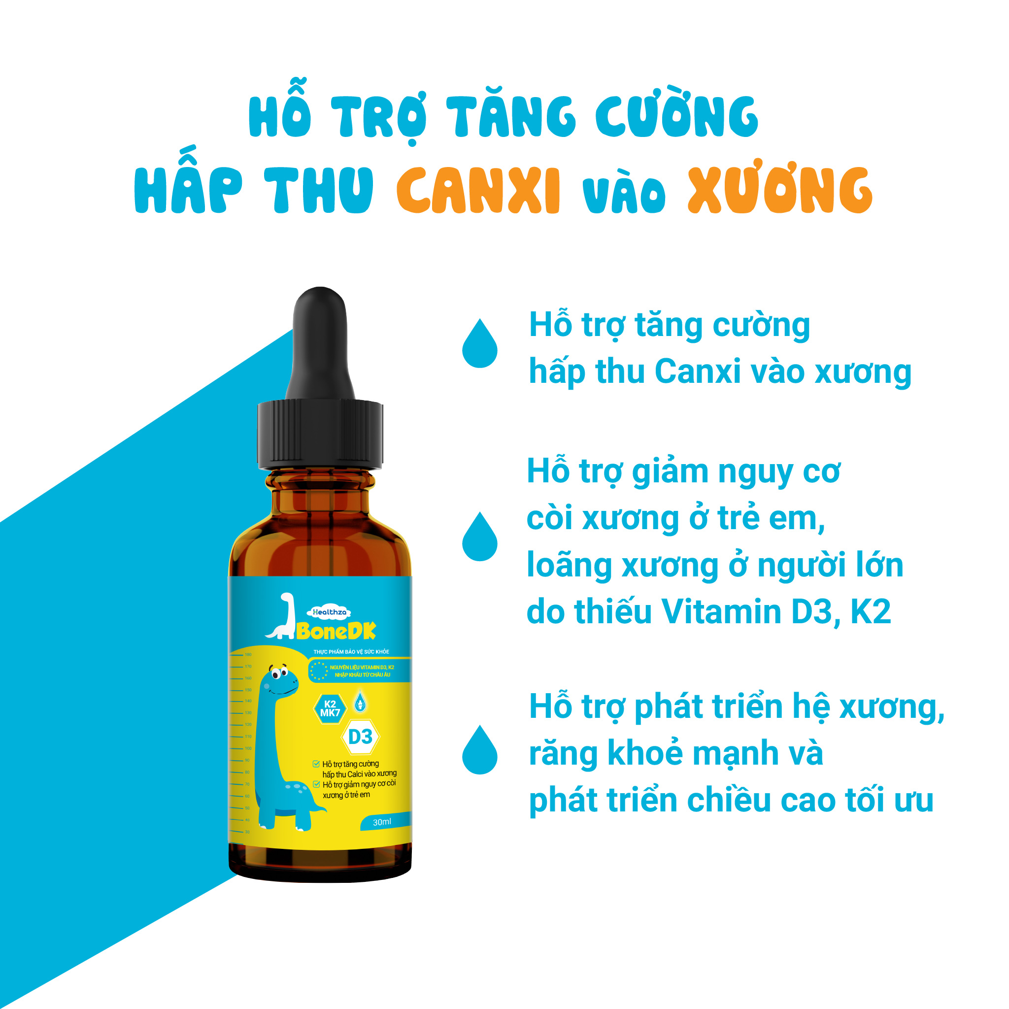 Siro Healthza BoneDK bổ sung Vitamin D3, K2(MK7) dạng nhỏ giọt hộp 1 lọ/30ml