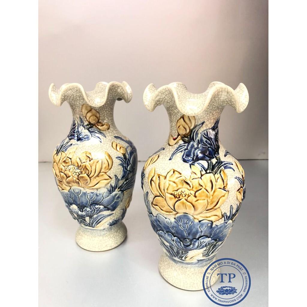 Combo 2 chiếc Lọ hoa thờ hoa sen men rạn cổ loe -TL336