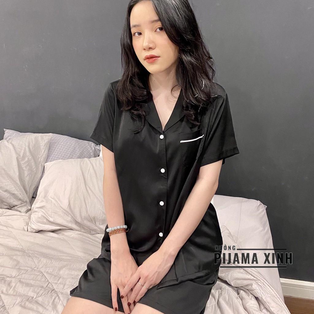 Pyjama lụa trơn - Chất Latin trơn màu đen Cao cấp Chất đẹp Đường may chuẩn, Bộ cộc quần ngắn