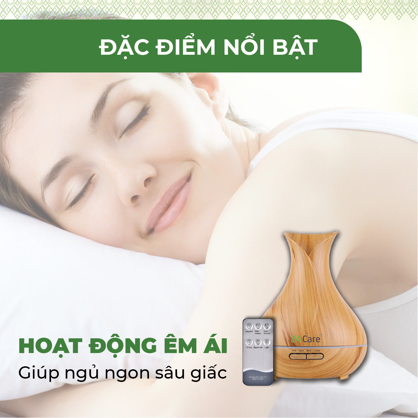 Máy khuếch tán Tinh Dầu 24Care Tulip màu Vàng Ultrasonic 500ml, Tặng 2  Chai Tinh dầu Sả Chanh + Bạc Hà 24Care 10ml | Xông Phòng | Kèm Remote Điều Khiển |Công nghệ siêu âm tiên tiến.