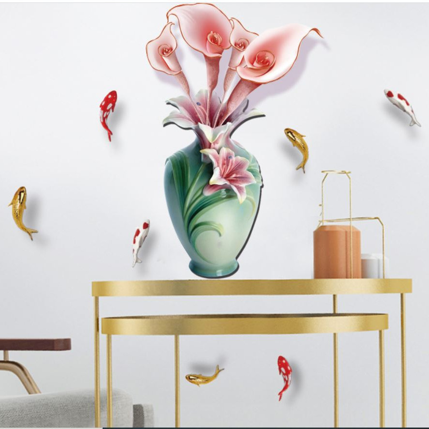 Bộ Decal Tranh Trang Trí Dán Tường Phòng Khách và Phòng Ngủ Hoa & Cá chép Tài Lộc - TD1