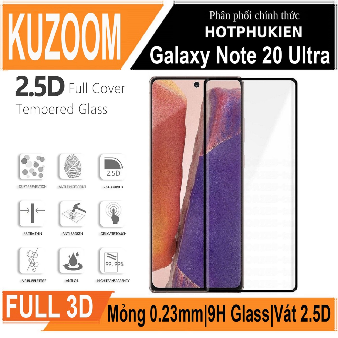 Miếng Dán Kính Cường Lực Cho Samsung Galaxy Note 20 Ultra Full Màn Hình 3D Hiệu Kuzoom Protective Glass Mỏng 0.3Mm, Vát Cạnh 2.5D, Độ Cứng 9H, Viền Cứng Mỏng - Hàng Nhập Khẩu