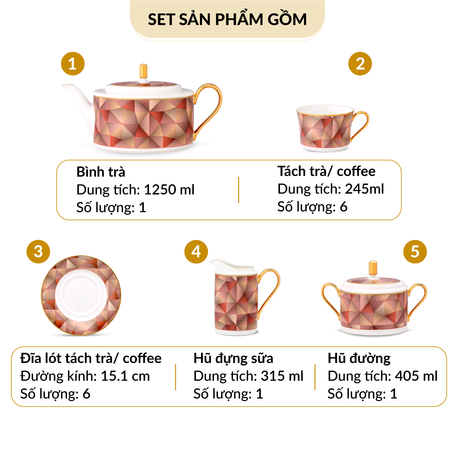 Bộ Bàn Trà/Coffee 15 Món Noritake dòng Splendid Umber sứ xương cao cấp