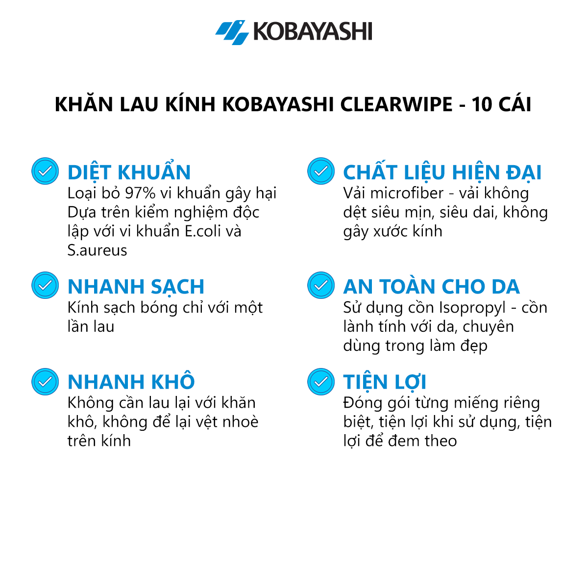 Khăn lau kính Kobayashi - Clearwipe - loại bỏ vi khuẩn, vải không dệt mềm mịn, siêu dai, không để lại bột giấy khi lau