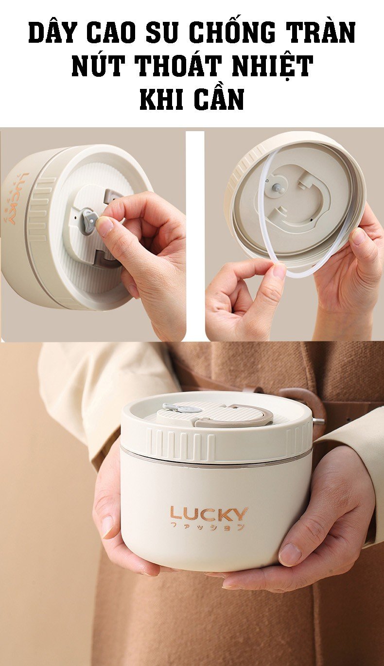 Hộp Đựng Cơm Giữ Nhiệt Lucky INOX 304 - Dung tích 1L - 2L Tặng kèm túi và Bộ dụng cụ ăn