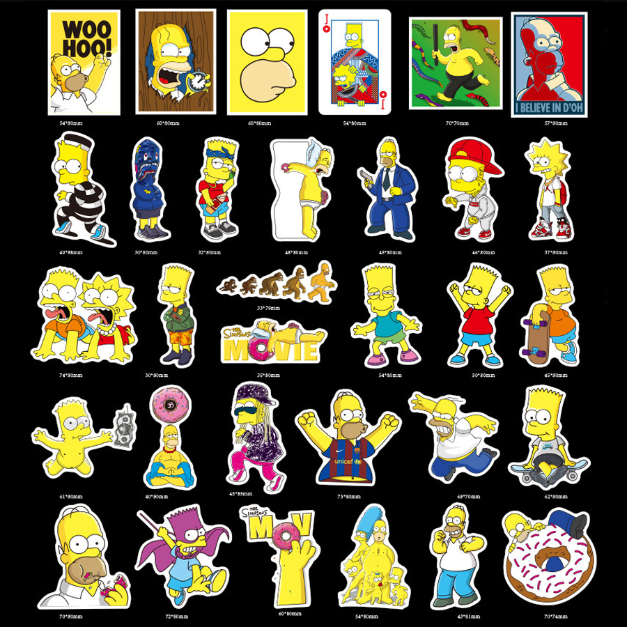 Set 50 Sticker chủ đề Simpson hoạt hình, dán Điện thoại, Laptop, Vali, Mũ bảo hiểm, Xe máy