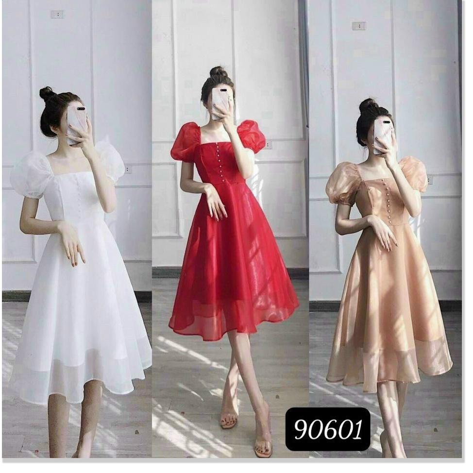 Đầm phối voan kiếng có nút sang trọng , tôn dáng cho các phu nhân KME FASHION