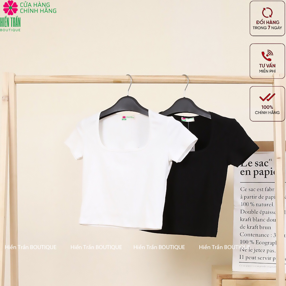 Áo croptop Hiền Trần BOUTIQUE cổ vuông cộc tay vải thun ôm body crotop nữ cotton co giãn tốt