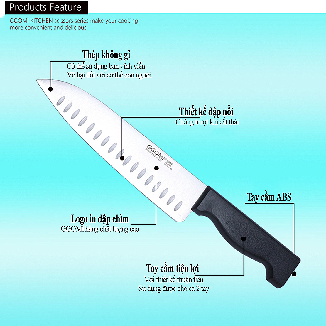 [HÀNG CHÍNH HÃNG]Dao nhà bếp cỡ trung dài 32cm, chiều dài lưỡi 20cm, bằng thép không gỉ GGOMi Hàn Quốc GG341