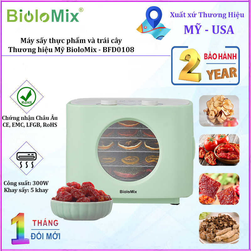 Máy sấy thực phẩm và trái cây BioloMix BFD0108 công suất 300W sấy 360 độ thông minh tích hợp đèn Led hiển thị nhiệt độ và thời gian - Hàng Nhập Khẩu