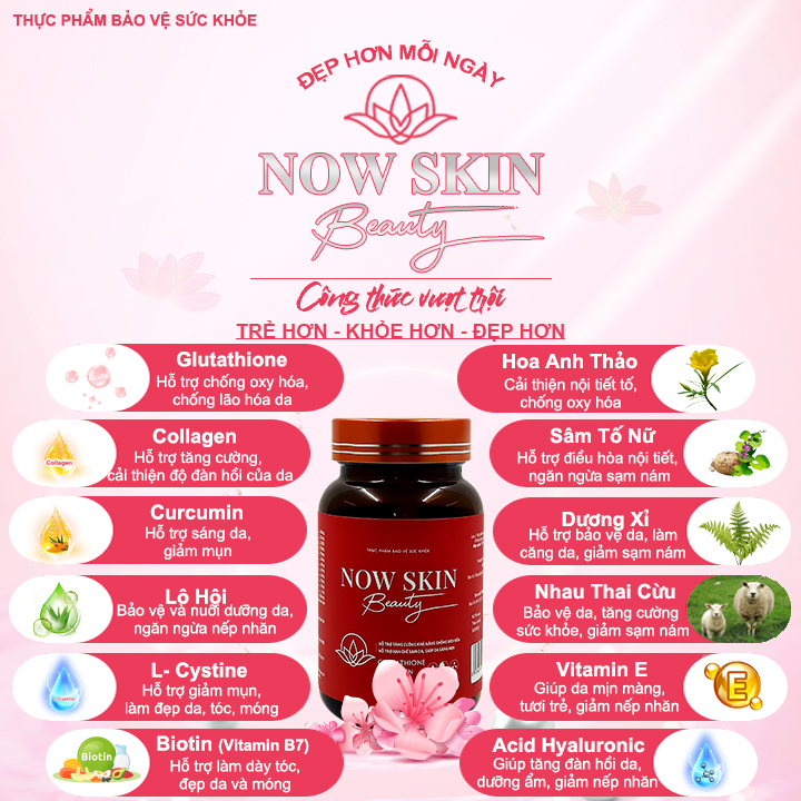 Viên uống trắng da Now Skin Beauty hỗ trợ làm đẹp giảm sạm nám tàn nhang nếp nhăn cải thiện nội tiết tố. Hộp 30 viên