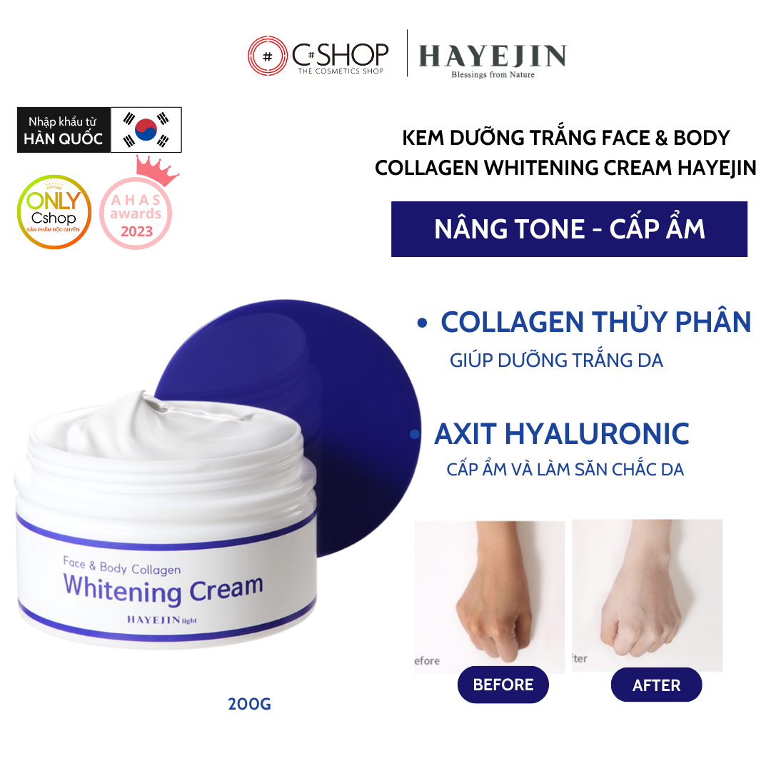 Kem dưỡng trắng da cho mặt và toàn thân Face &amp; Body Collagen Whitening Cream HAYEJIN