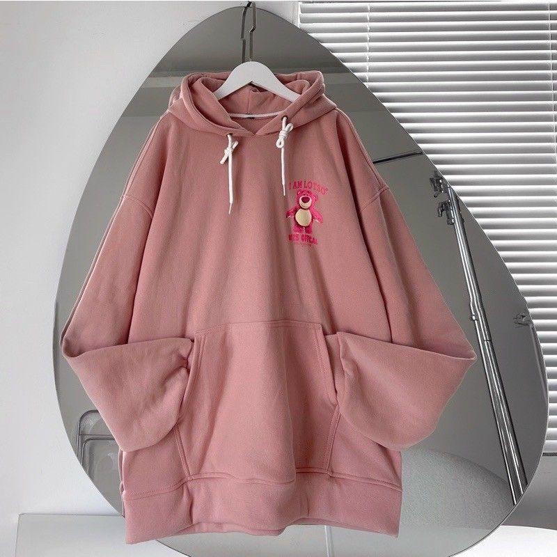 Áo khoác hoodie Gấu hồng có nón to _ Áo nỉ Lost chui đầu có túi form rộng unisex nam nữ thời trang thu đông