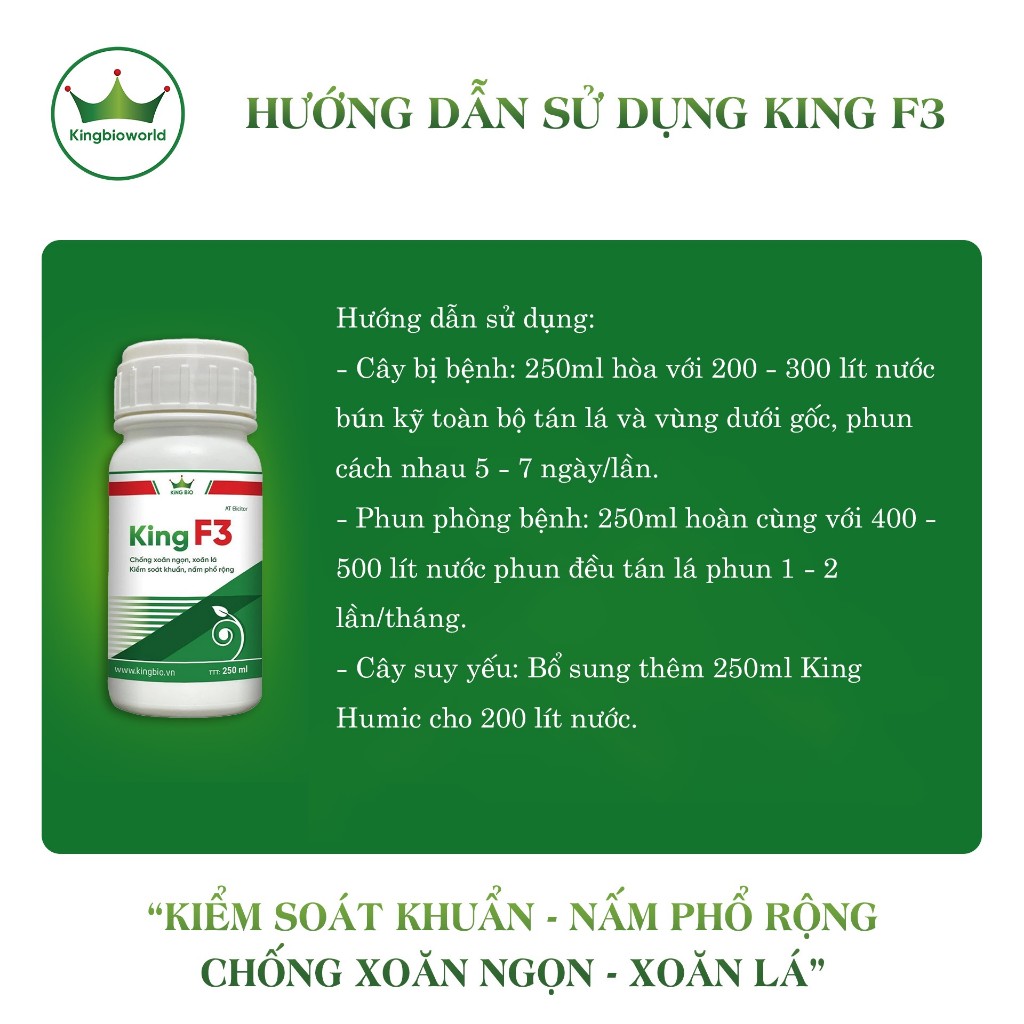 King F3 - Thuốc chống xoăn ngọn xoăn lá, kiểm soát khuẩn và nấm phổ thông, trị nứt thân, xì mủ, thán thư, sương mai