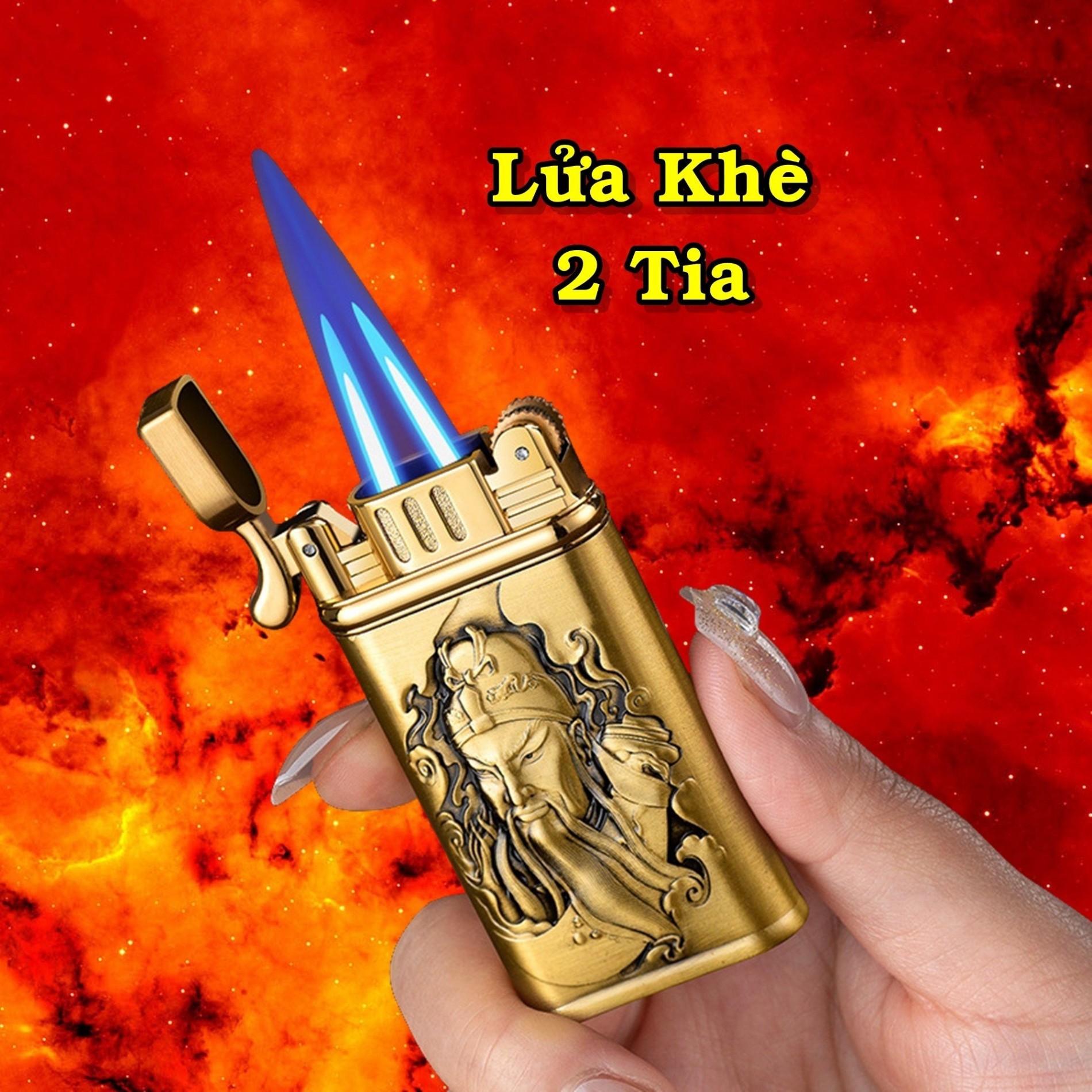 Bật lửa hột quẹt khè gas đá rảnh tay 2 tia hình quan công - xài gas