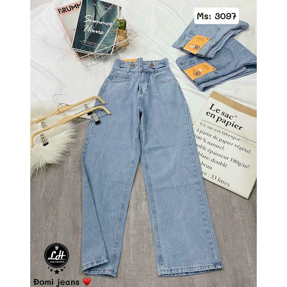 Quần jean ống rộng nữ Lê Huy Fashion cạp cao 2 nút màu xanh nhạt kiểu khuyên lưng MS 3097