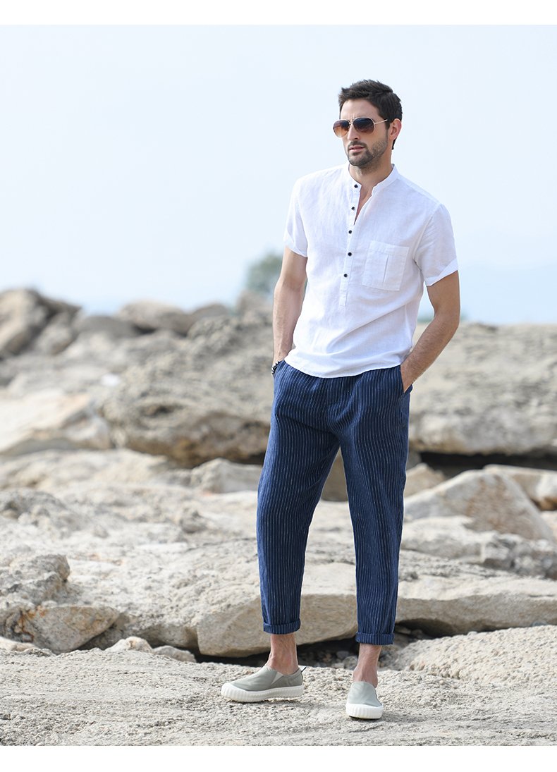 Áo sơ mi nam ngắn tay cổ tàu, áo sơ mi linen, phong cách Hàn Quốc, trang nhã, lịch lãm
