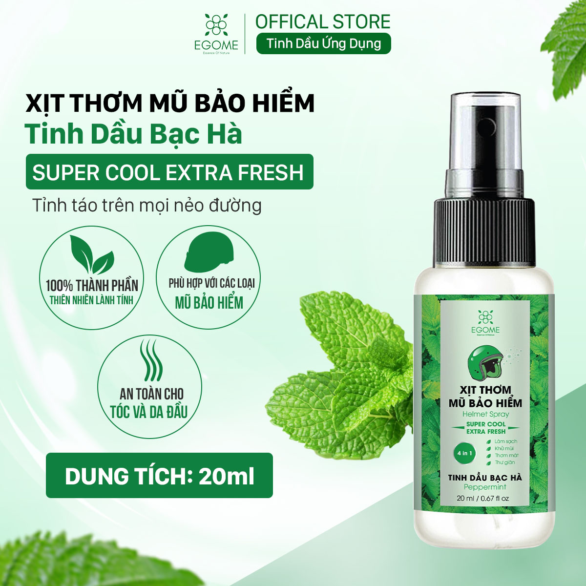 Xịt Thơm Mũ Bảo Hiểm Egome Tinh Dầu Bạc Hà làm sạch, khử mùi mũ bảo hiểm 20ml